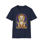 Let Go Let Dog Poodle T-Shirt, flat lay on navy tee featuring a stained-glass style poodle depicted as a spiritual figure with paws raised and the text Let Go and Let Dog.