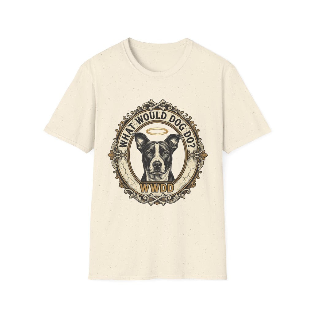 What Would Dog Do T-Shirt flat lay on natural cream shirt featuring an ornate vintage frame design with a halo-wearing black and white pit bull and the text What Would Dog Do? WWDD.