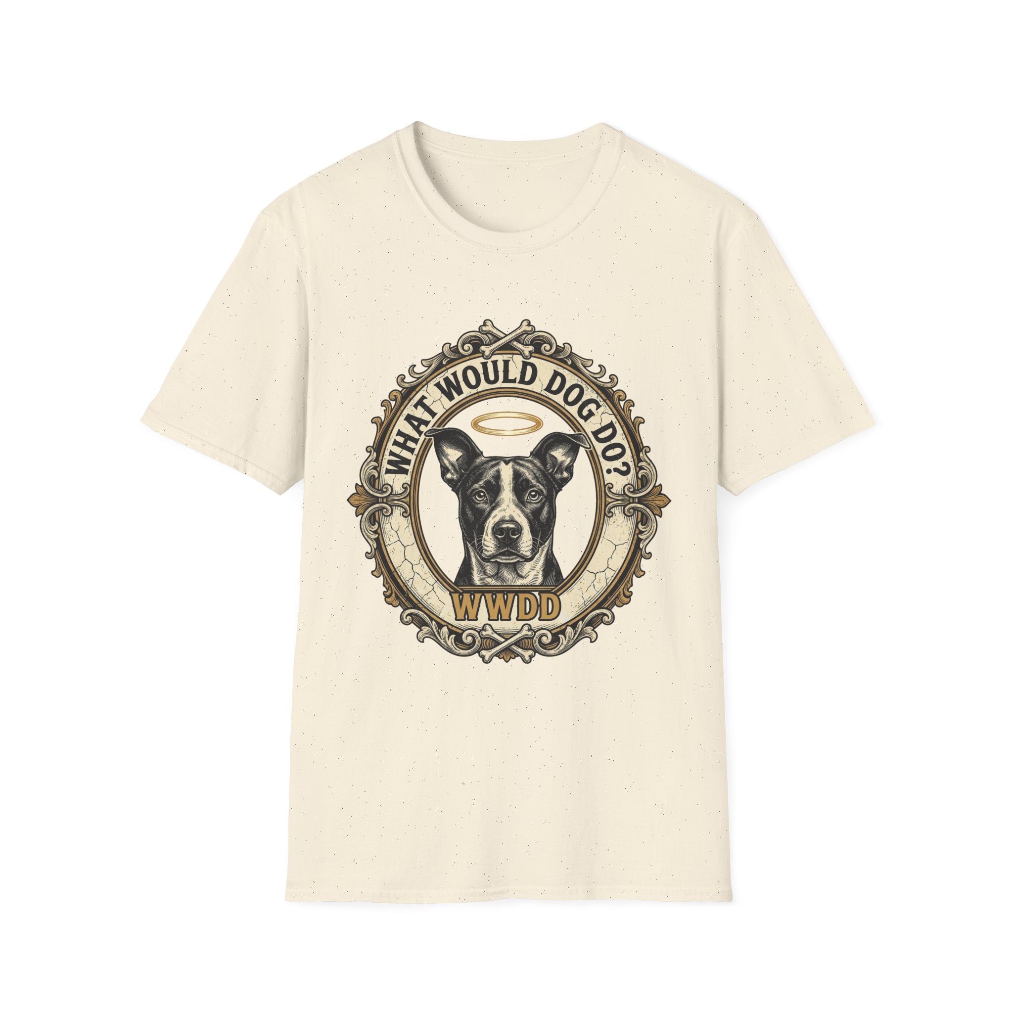 What Would Dog Do T-Shirt flat lay on natural cream shirt featuring an ornate vintage frame design with a halo-wearing black and white pit bull and the text What Would Dog Do? WWDD.