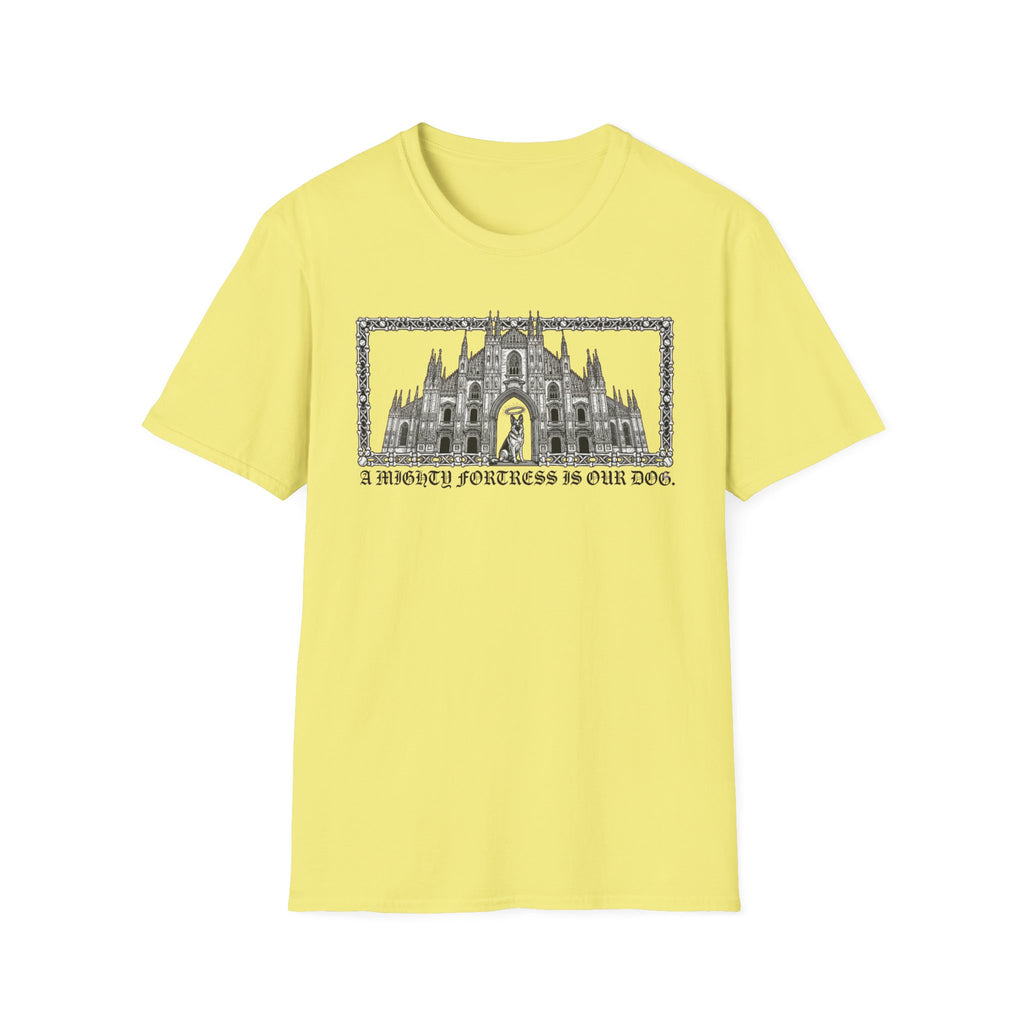 A Mighty Fortress is Our Dog T-Shirt flat lay in yellow featuring a detailed gothic cathedral illustration with a dog standing in the doorway, framed in an ornate border with text below.