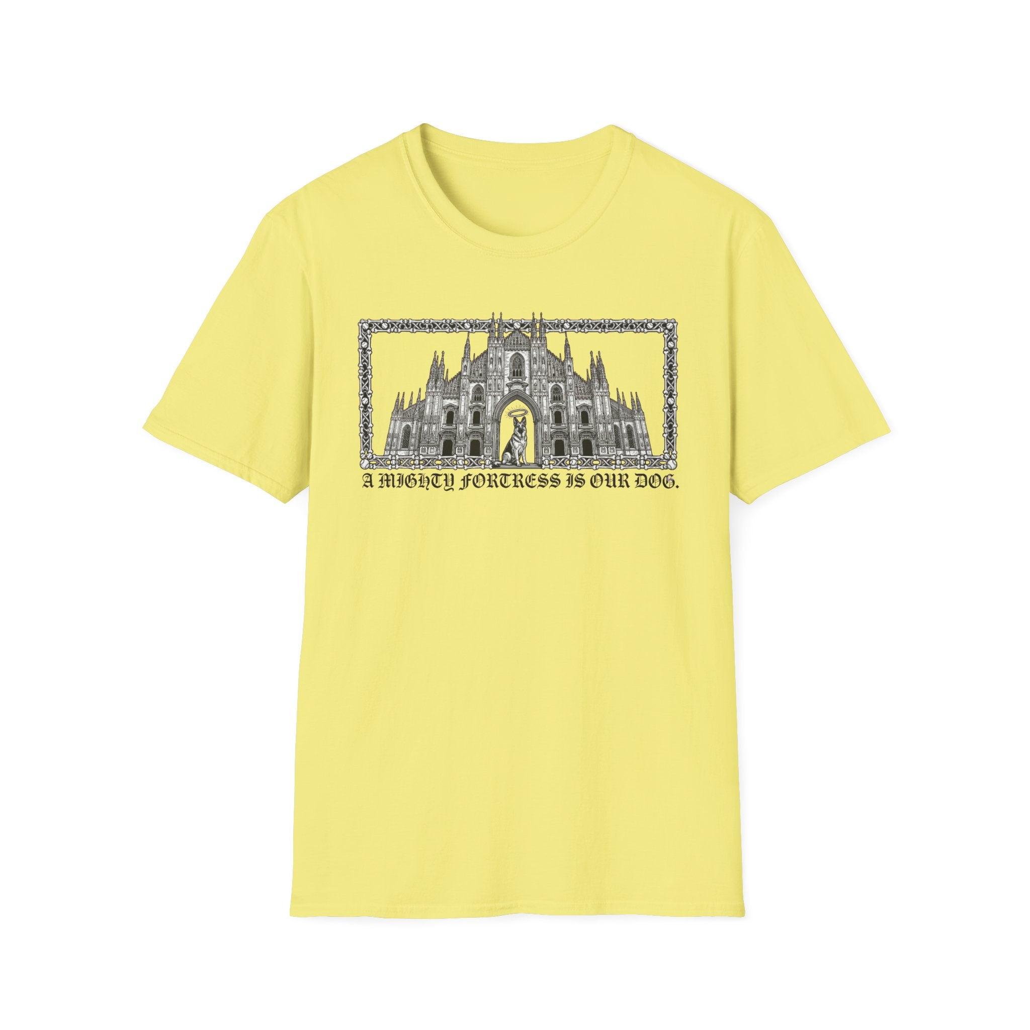 A Mighty Fortress is Our Dog T-Shirt flat lay in yellow featuring a detailed gothic cathedral illustration with a dog standing in the doorway, framed in an ornate border with text below.