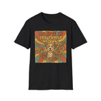 Believe in the Power of Dog Retro T-Shirt flat lay in black, featuring a vintage 70s-style graphic of a fluffy dog face surrounded by swirling florals and rainbow rays with groovy lettering.