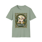 Believe in the Power of Dog Poodle T-Shirt in sage green, flat lay view showing an Art Nouveau-framed graphic of a halo-wearing cream poodle in a garden setting, with floral borders and the words 'Grace Intelligence Love'.