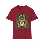 Let Go Let Dog Corgi T-Shirt in cardinal red, flat lay, featuring an ornate heraldic shield badge with a crowned corgi raising both paws and the text 'Let Go / And Let Dog'.