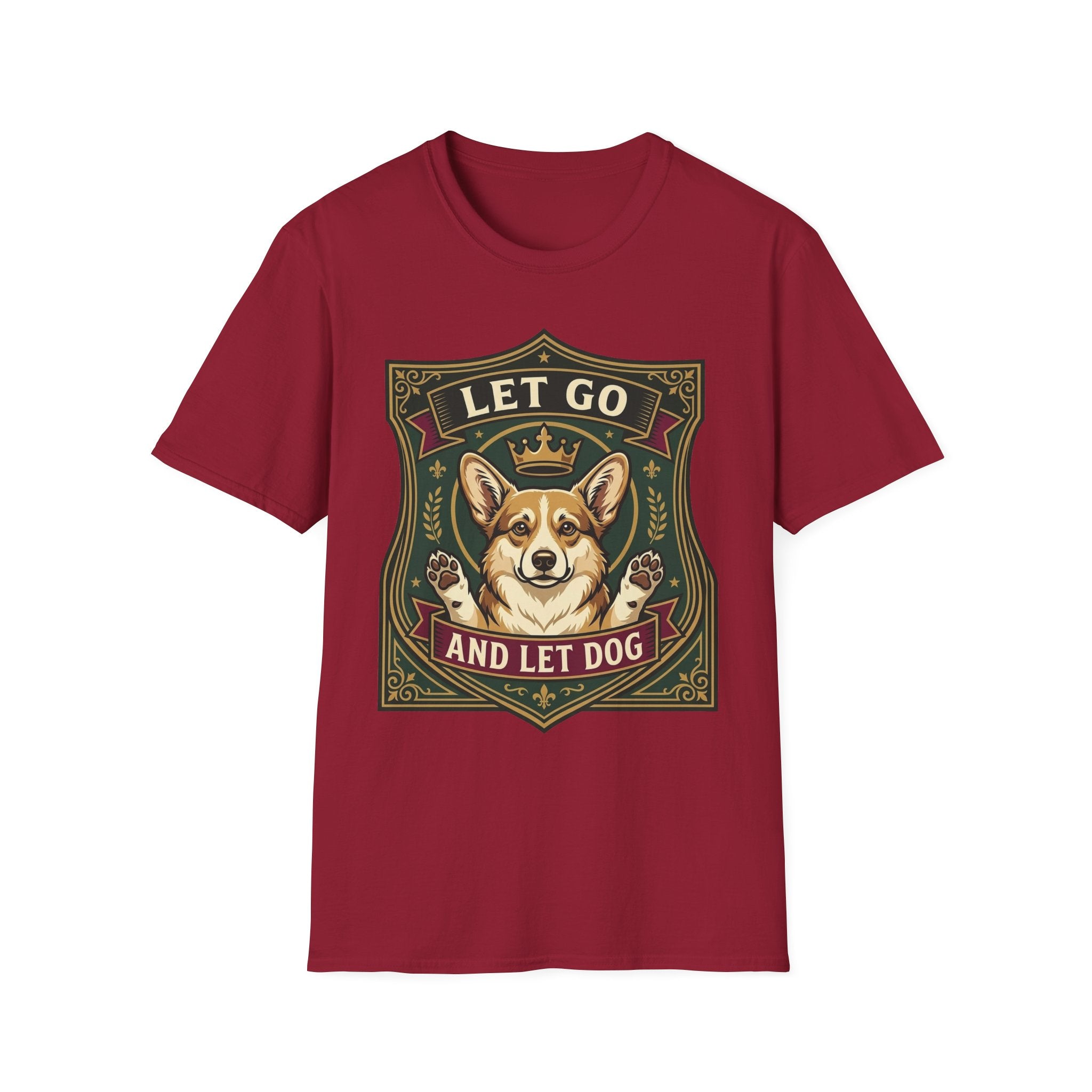 Let Go Let Dog Corgi T-Shirt in cardinal red, flat lay, featuring an ornate heraldic shield badge with a crowned corgi raising both paws and the text 'Let Go / And Let Dog'.