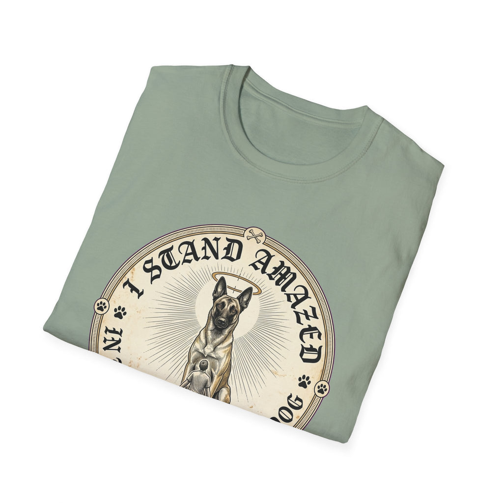 I Stand Amazed Belgian Malinois T-Shirt in sage green, folded view showing the front graphic of the Belgian Malinois design with halo and 'I Stand Amazed' text.