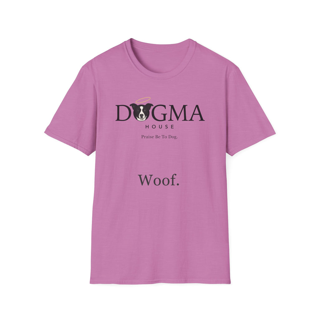 Dogma House Logo Light T-Shirt flat lay in orchid/lilac, featuring the Dogma House brand logo with a border collie face with a golden halo and the tagline "Praise Be To Dog." and "Woof." text.