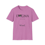 Dogma House Logo Light T-Shirt flat lay in orchid/lilac, featuring the Dogma House brand logo with a border collie face with a golden halo and the tagline "Praise Be To Dog." and "Woof." text.