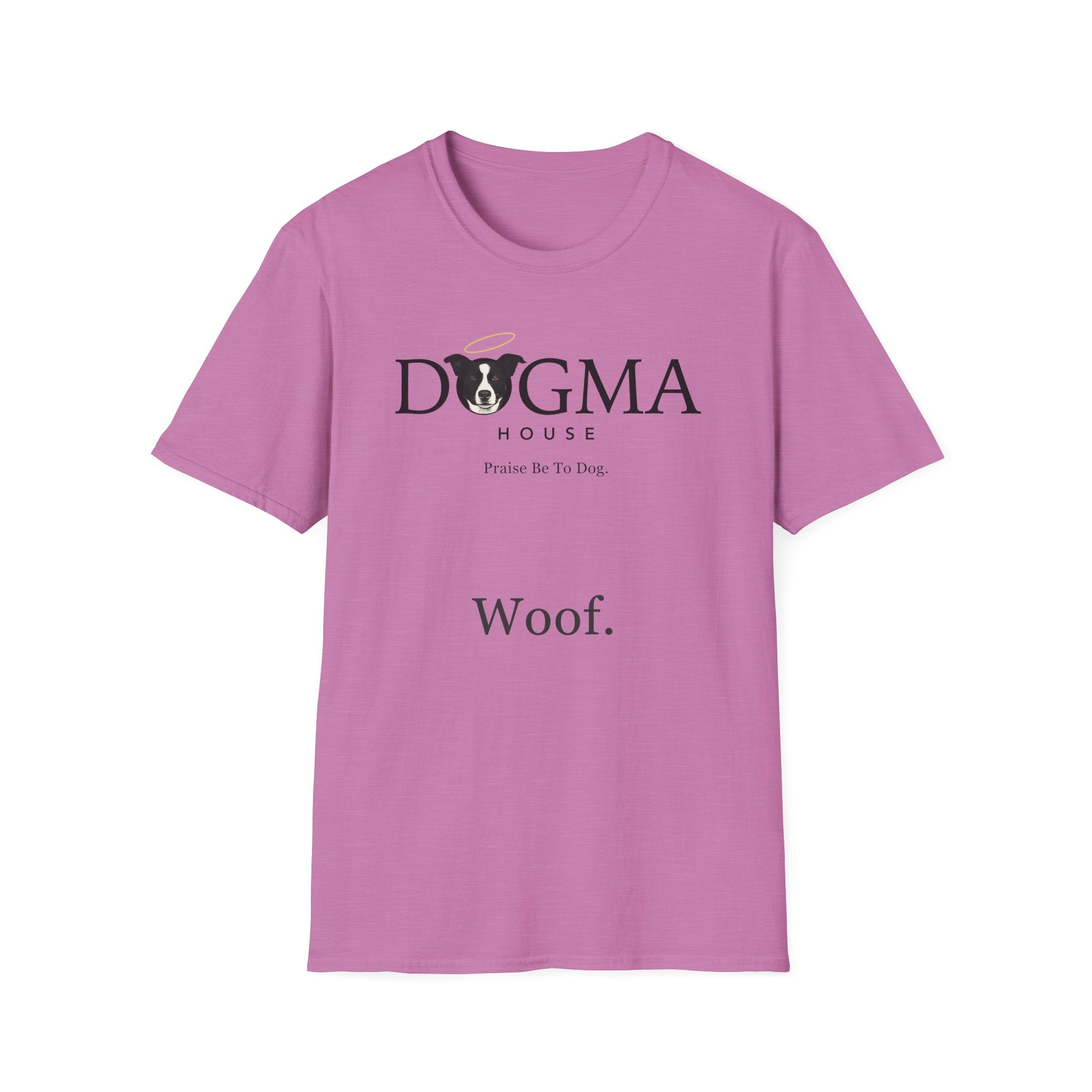 Dogma House Logo Light T-Shirt flat lay in orchid/lilac, featuring the Dogma House brand logo with a border collie face with a golden halo and the tagline "Praise Be To Dog." and "Woof." text.