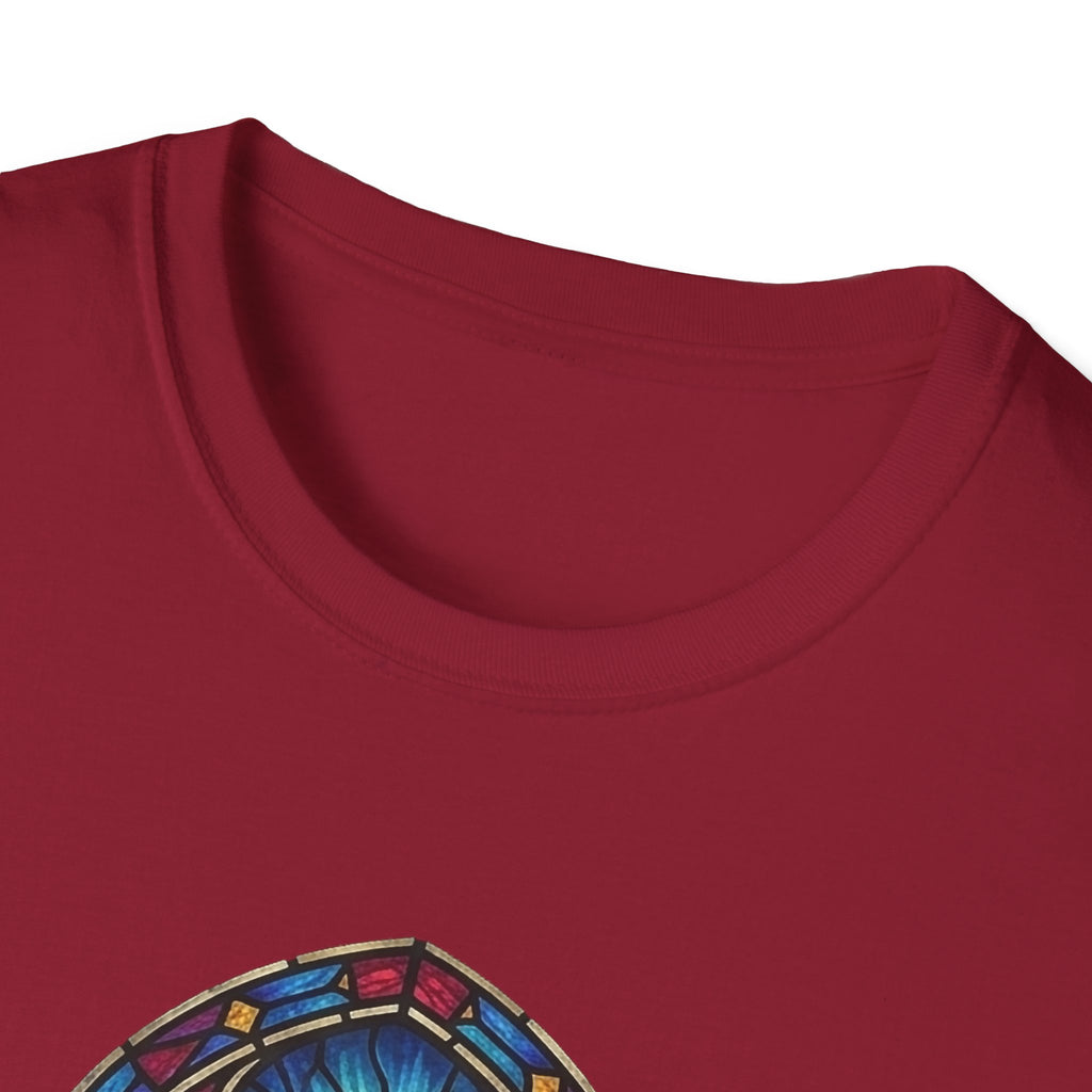 How Great Thou Bark Sight Hound T-shirt close-up detail shot on a cardinal red shirt, showing the stained-glass style arched window graphic at the neckline with a sight hound dog.