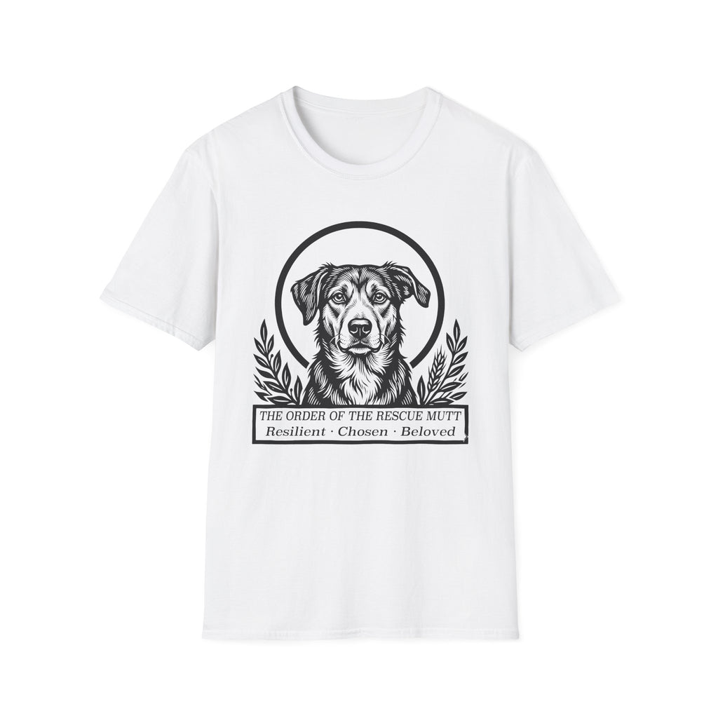 Holy Orders | Rescue Mutt T-Shirt flat lay on navy shirt featuring a stained glass style illustration of a Rescue Mutt depicted as a holy figure with a golden halo and the text 'Holy Orders.'