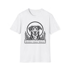 Holy Orders | Rescue Mutt T-Shirt flat lay on navy shirt featuring a stained glass style illustration of a Rescue Mutt depicted as a holy figure with a golden halo and the text 'Holy Orders.'