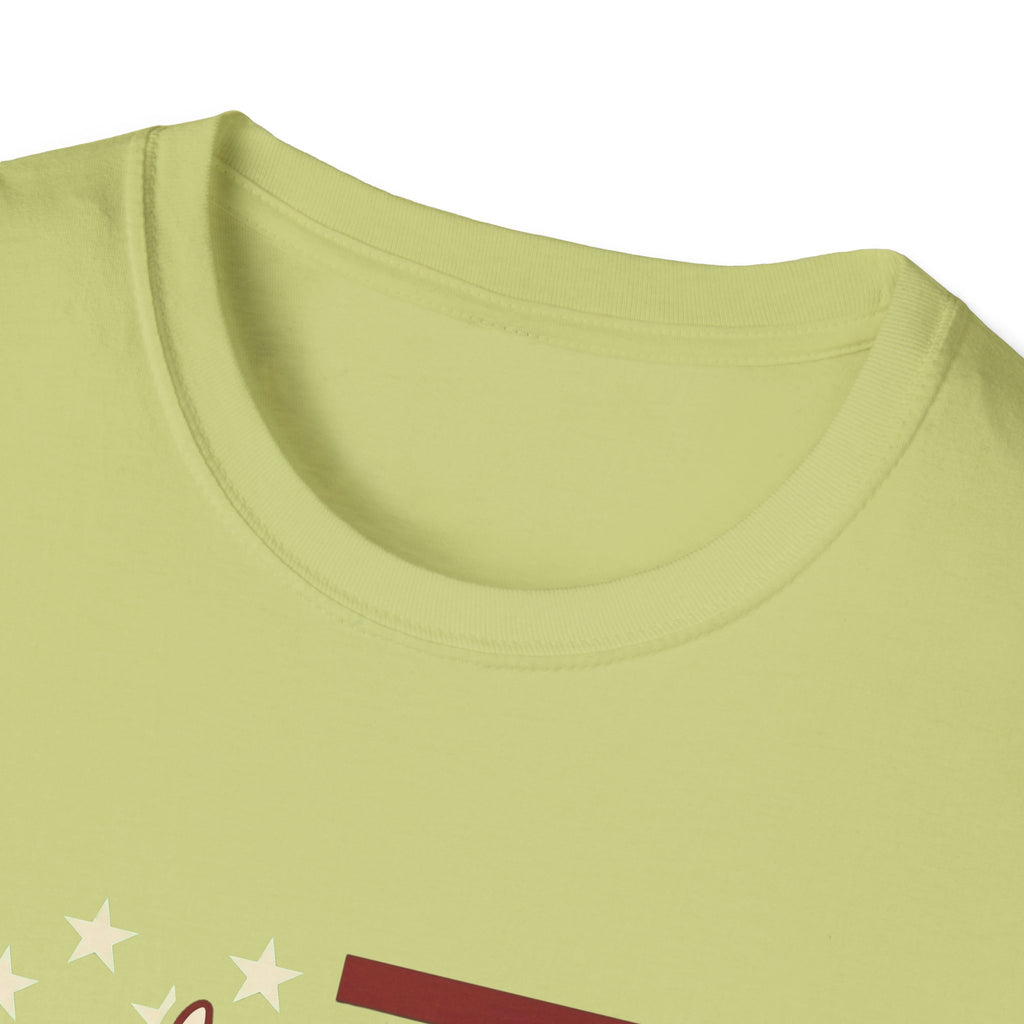 Pursuit of Fetch T-Shirt in light green kiwi, closeup detail of the neckline and top of the chest showing the top of the flag graphic with cream stars and red stripe.