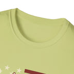Pursuit of Fetch T-Shirt in light green kiwi, closeup detail of the neckline and top of the chest showing the top of the flag graphic with cream stars and red stripe.