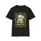 Believe in the Power of Dog Poodle T-Shirt in black, flat lay view showing an Art Nouveau-framed graphic of a halo-wearing cream poodle in a garden setting, with floral borders and the words 'Grace Intelligence Love'.