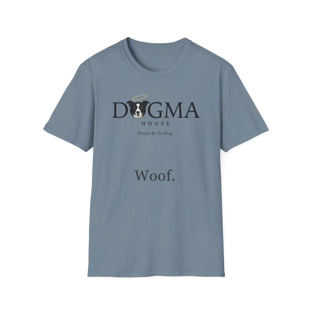 Dogma House Logo Light T-Shirt flat lay in slate blue, featuring the Dogma House brand logo with a border collie face with a golden halo and the tagline "Praise Be To Dog." and "Woof." text.