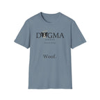 Dogma House Logo Light T-Shirt flat lay in slate blue, featuring the Dogma House brand logo with a border collie face with a golden halo and the tagline "Praise Be To Dog." and "Woof." text.