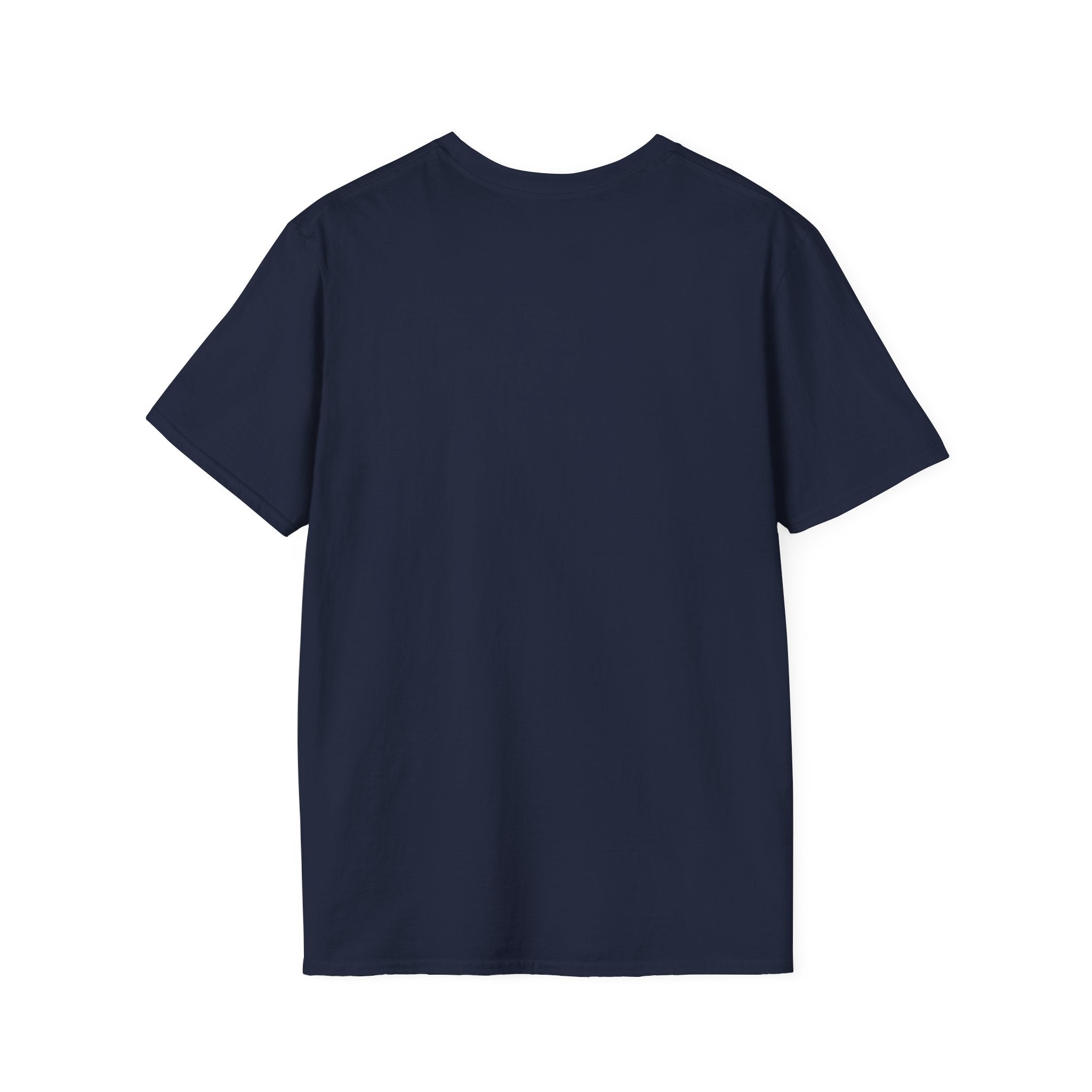 I Stand Amazed Rescue Mutt T-Shirt in navy, flat lay back view showing the plain back of the unisex crew-neck tee.