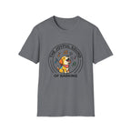 The Joyful Sound of Barking T-shirt flat lay, heather grey shirt featuring a circular badge graphic of a cartoon yellow dog with a red bandana howling joyfully with musical notes and the text 'The Joyful Sound of Barking.'