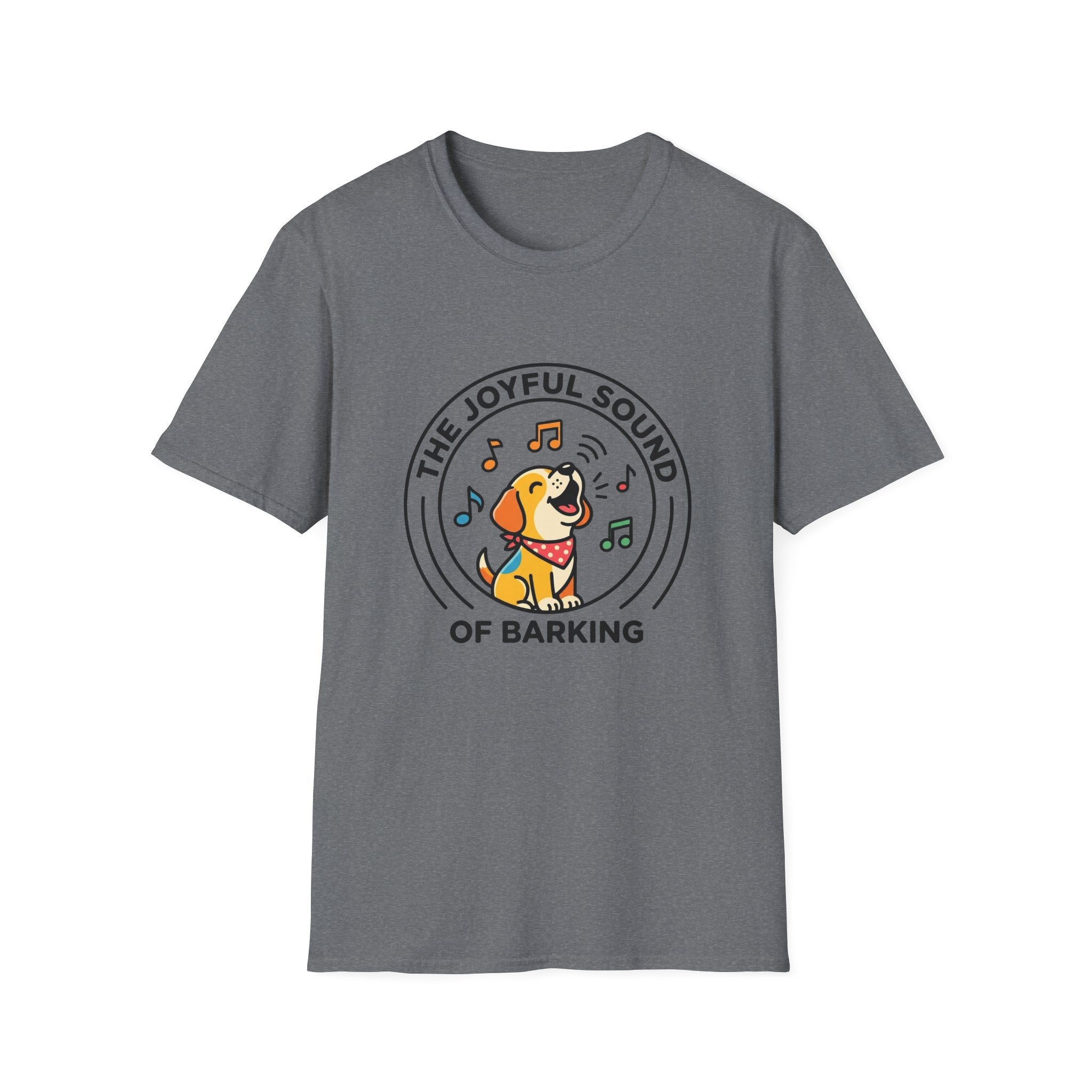 The Joyful Sound of Barking T-shirt flat lay, heather grey shirt featuring a circular badge graphic of a cartoon yellow dog with a red bandana howling joyfully with musical notes and the text 'The Joyful Sound of Barking.'