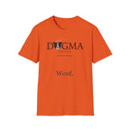Dogma House Logo Light T-Shirt flat lay in orange, featuring the Dogma House brand logo with a border collie face with a golden halo and the tagline "Praise Be To Dog." and "Woof." text.