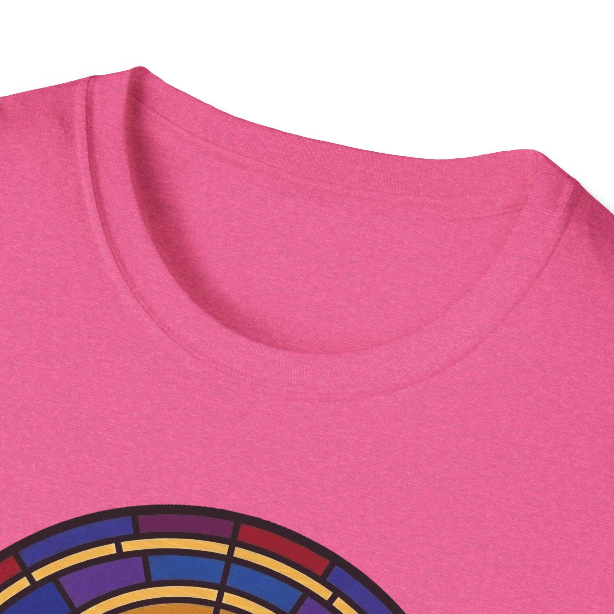 Let Go Let Dog Poodle T-Shirt, close-up detail of stained-glass style arch design on pink tee showing colorful mosaic border.