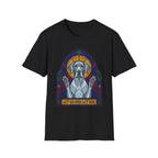 Let Go Let Dog Great Dane T-Shirt, flat lay on black tee featuring a stained-glass style Great Dane depicted as a spiritual figure with paws raised in a Gothic arch and the text Let Go and Let Dog.