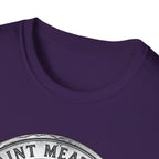 Saint Meatball Defend Us T-Shirt close-up detail shot on purple shirt showing the neckline and top of the Saint Meatball Doberman medallion graphic.