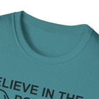 Believe in the Power of Dog T-Shirt close-up detail in heather teal, showing the top portion of the graphic with dog outline and the words Believe in the Power.