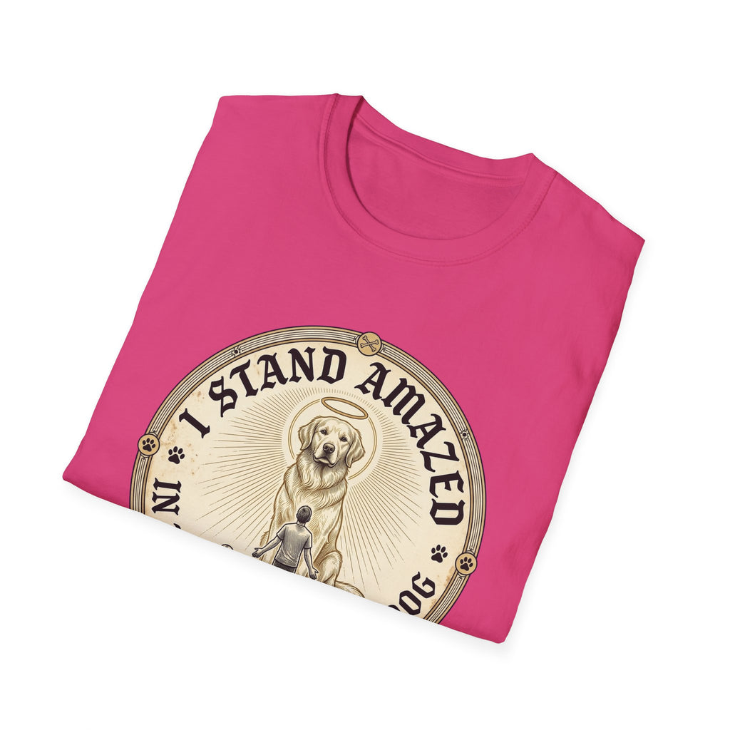 I Stand Amazed Golden Retriever T-Shirt folded view in heliconia pink, showing the golden retriever with halo graphic and "I Stand Amazed" text on the front chest.