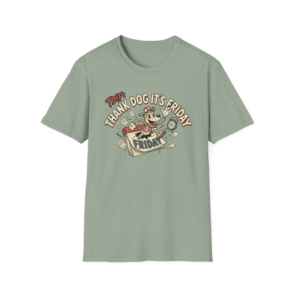 Thank Dog It's Friday T-Shirt flat lay on sage green shirt featuring a retro cartoon dog leaping through a Friday calendar page with TDIF: Thank Dog It's Friday text.