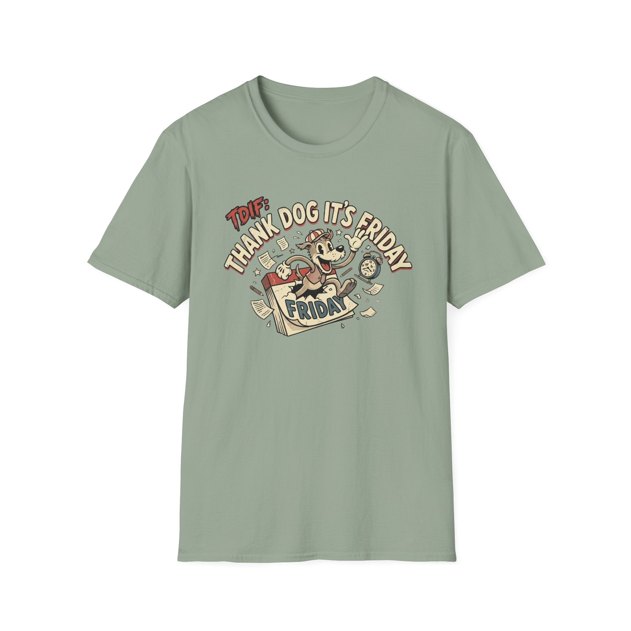 Thank Dog It's Friday T-Shirt flat lay on sage green shirt featuring a retro cartoon dog leaping through a Friday calendar page with TDIF: Thank Dog It's Friday text.