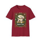Believe in the Power of Dog Poodle T-Shirt in cardinal red, flat lay view showing an Art Nouveau-framed graphic of a halo-wearing cream poodle in a garden setting, with floral borders and the words 'Grace Intelligence Love'.