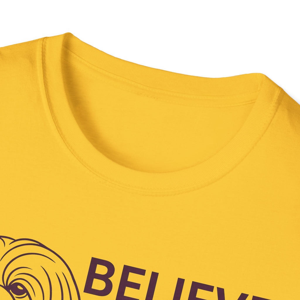 Believe in the Power of Dog Shih Tzu Line Art T-Shirt in yellow gold, close-up detail of the neckline and upper chest showing the top of the Shih Tzu line art and Believe text.