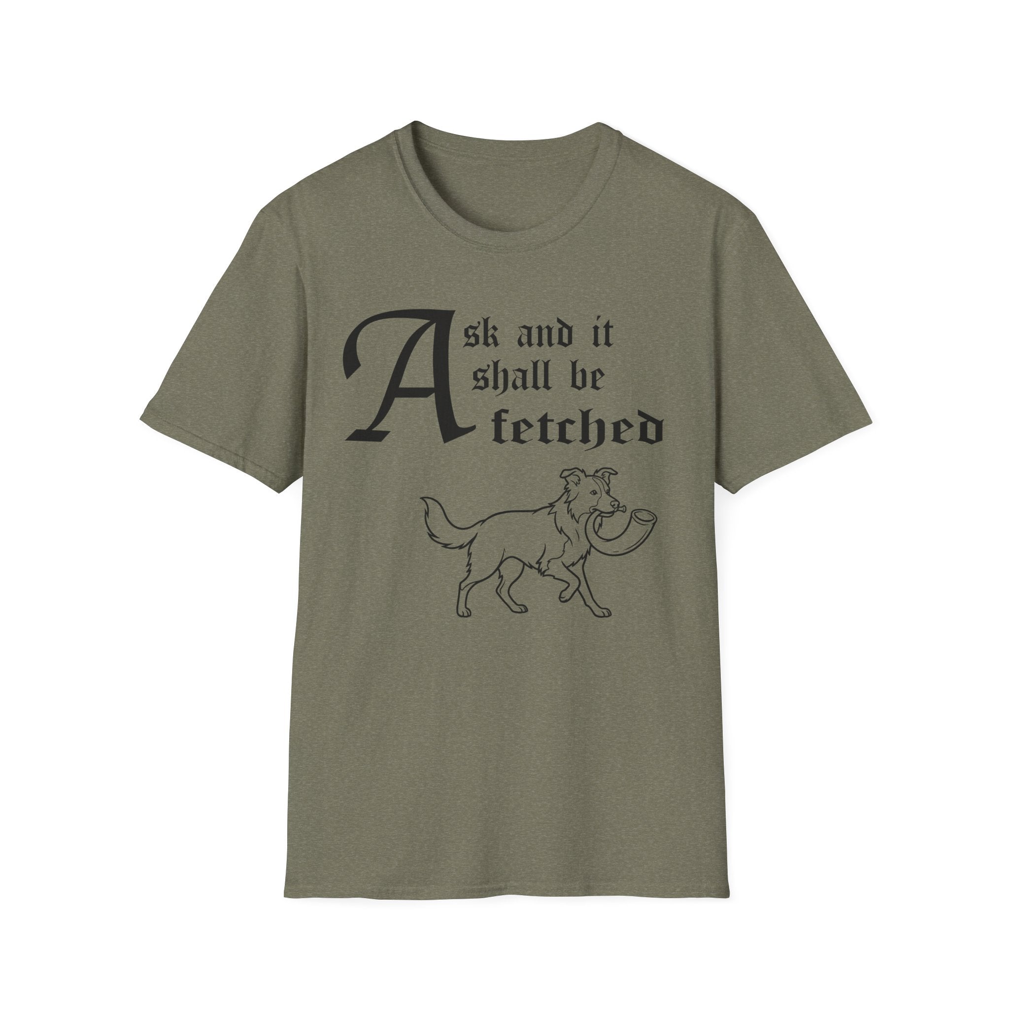 Border Collie Ask and It Shall Be Fetched T-Shirt detail view featuring a Shel Silverstein-style pen-and-ink illustration of a Border Collie proudly trotting with a dove held gently in its mouth and the text 'Ask and it shall be fetched.'