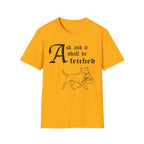 Pitbull Ask and It Shall Be Fetched T-Shirt detail view featuring a Shel Silverstein-style pen-and-ink illustration of a Pitbull proudly trotting with a baby in a reed basket and the text 'Ask and it shall be fetched.'