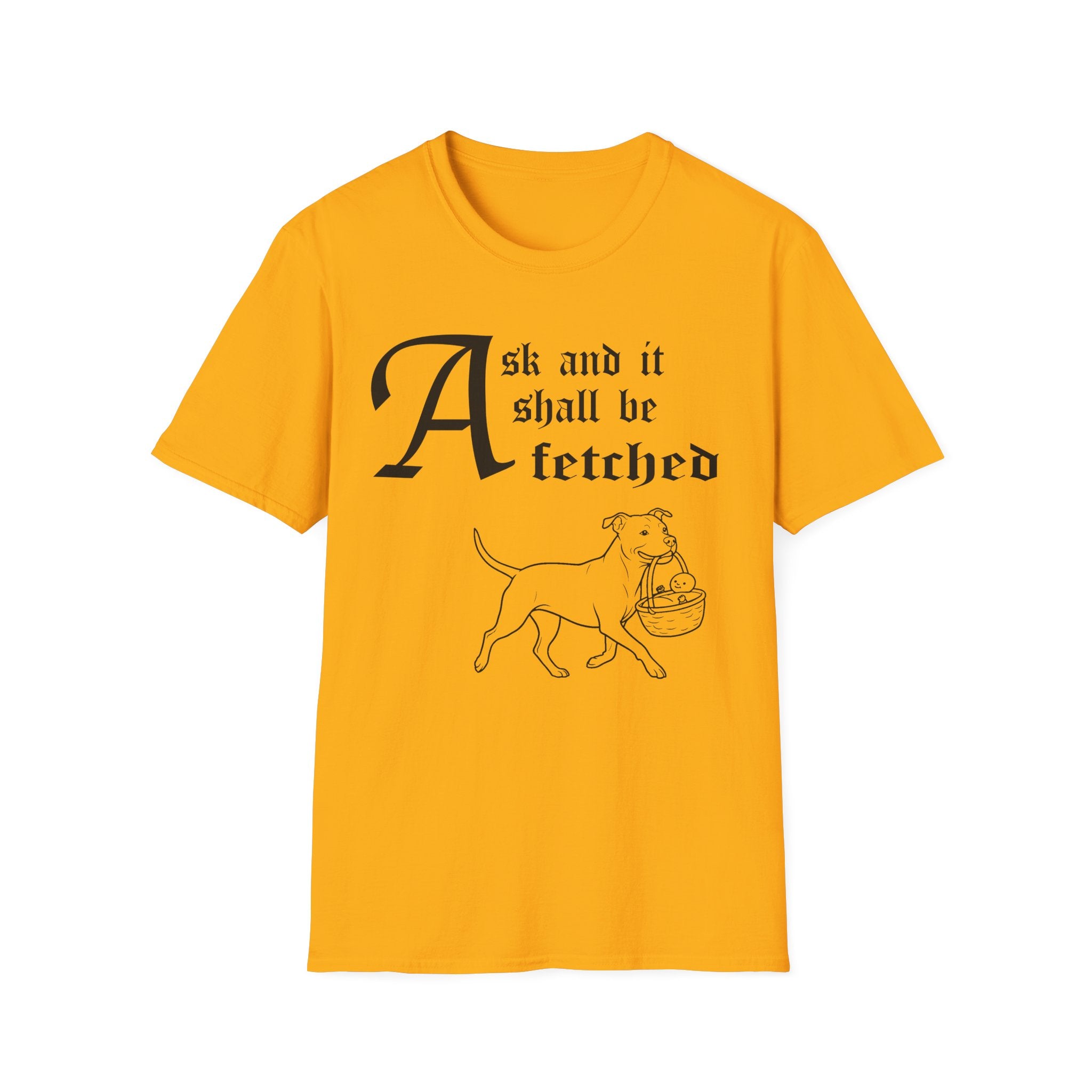 Pitbull Ask and It Shall Be Fetched T-Shirt detail view featuring a Shel Silverstein-style pen-and-ink illustration of a Pitbull proudly trotting with a baby in a reed basket and the text 'Ask and it shall be fetched.'