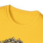 What Would Dog Do T-Shirt close-up detail shot on yellow shirt showing the neckline and the crossed dog bones at the top of the ornate vintage frame graphic.