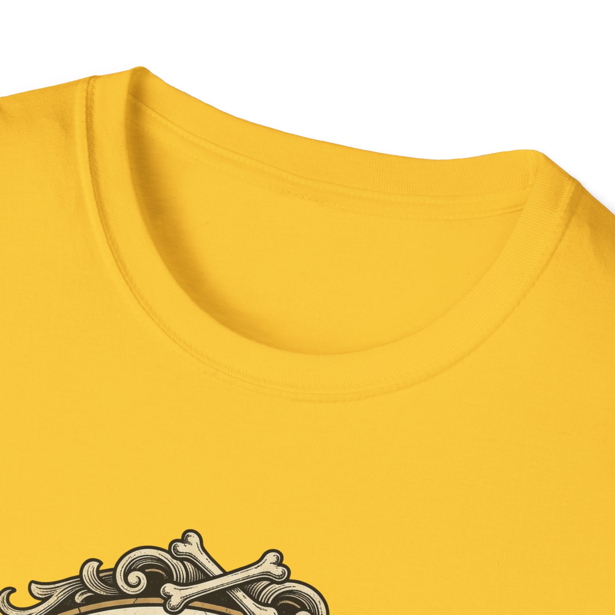 What Would Dog Do T-Shirt close-up detail shot on yellow shirt showing the neckline and the crossed dog bones at the top of the ornate vintage frame graphic.