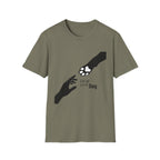 Let Go Let Dog Paw T-Shirt, flat lay on military green tee featuring a bold silhouette graphic of a human hand reaching toward a dog paw with the text Let go and let Dog.