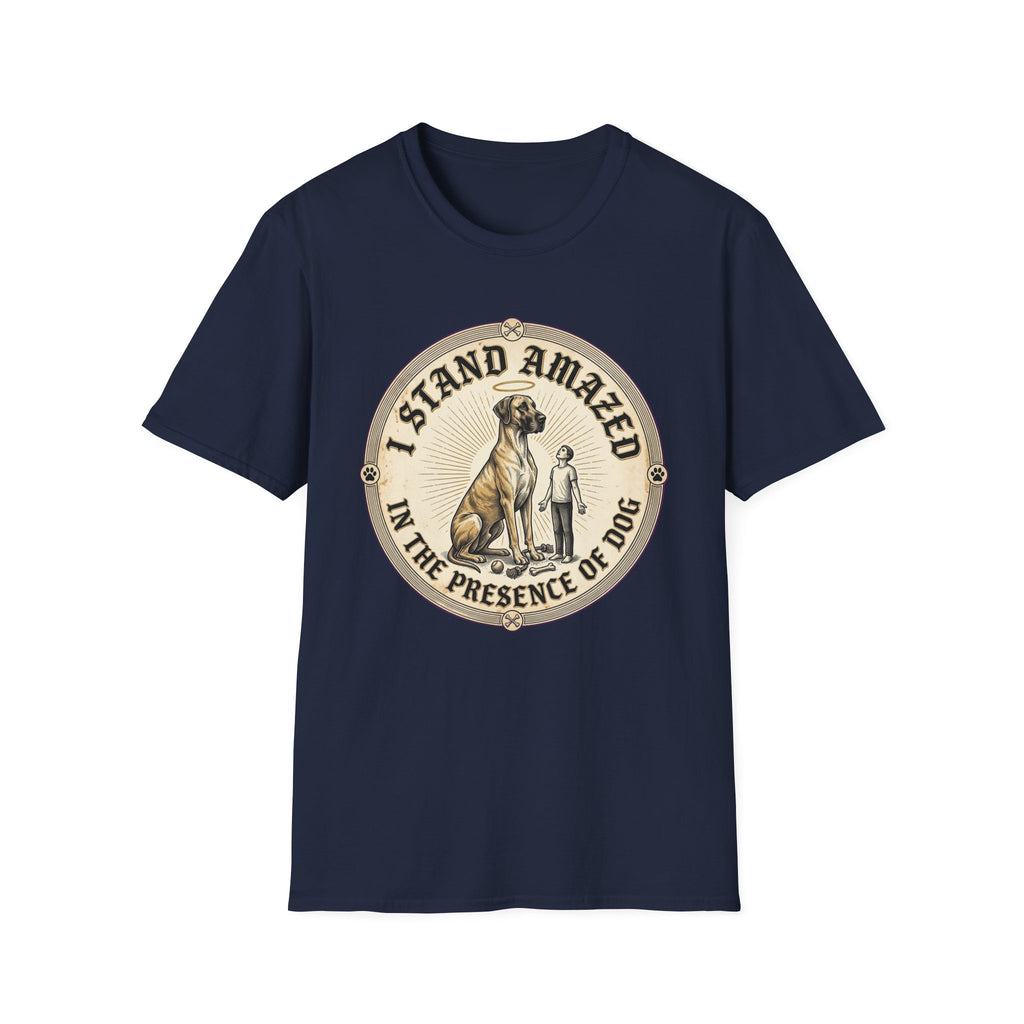 I Stand Amazed Great Dane T-Shirt flat lay in navy, featuring a circular vintage-style graphic of a towering Great Dane with a halo and a small human figure, with text "I Stand Amazed in the Presence of Dog."