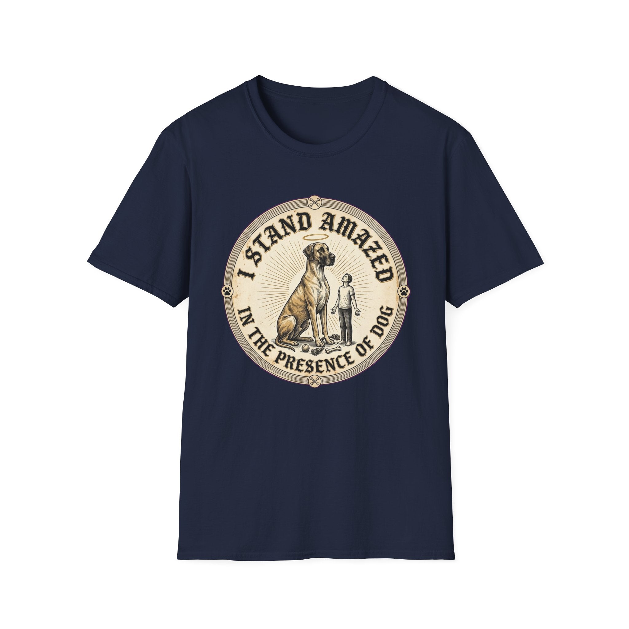 I Stand Amazed Great Dane T-Shirt flat lay in navy, featuring a circular vintage-style graphic of a towering Great Dane with a halo and a small human figure, with text "I Stand Amazed in the Presence of Dog."
