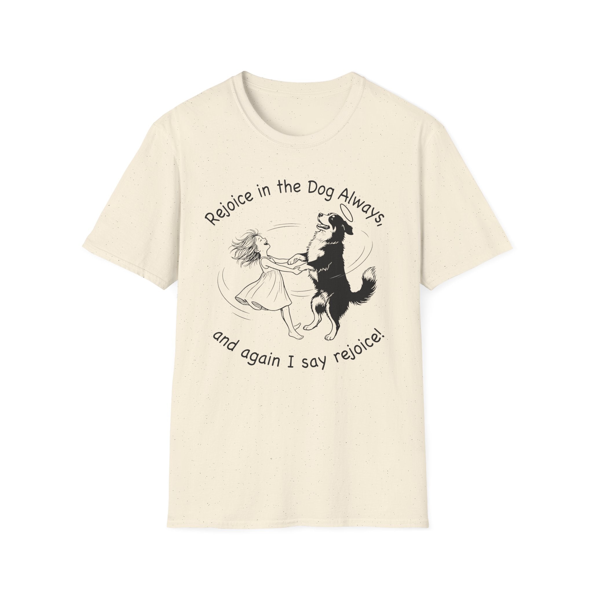 Rejoice in the Dog Lobo T-Shirt in natural cream, flat lay mockup showing a woman joyfully dancing with a rearing black-and-white Border Collie line-art illustration and the text 'Rejoice in the Dog Always, and again I say rejoice!'
