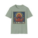 Let Go Let Dog Pug T-Shirt, flat lay on sage green tee featuring a vintage-style graphic of a red setter dog with paws raised encircled by stars and the text Let Go and Let Dog.
