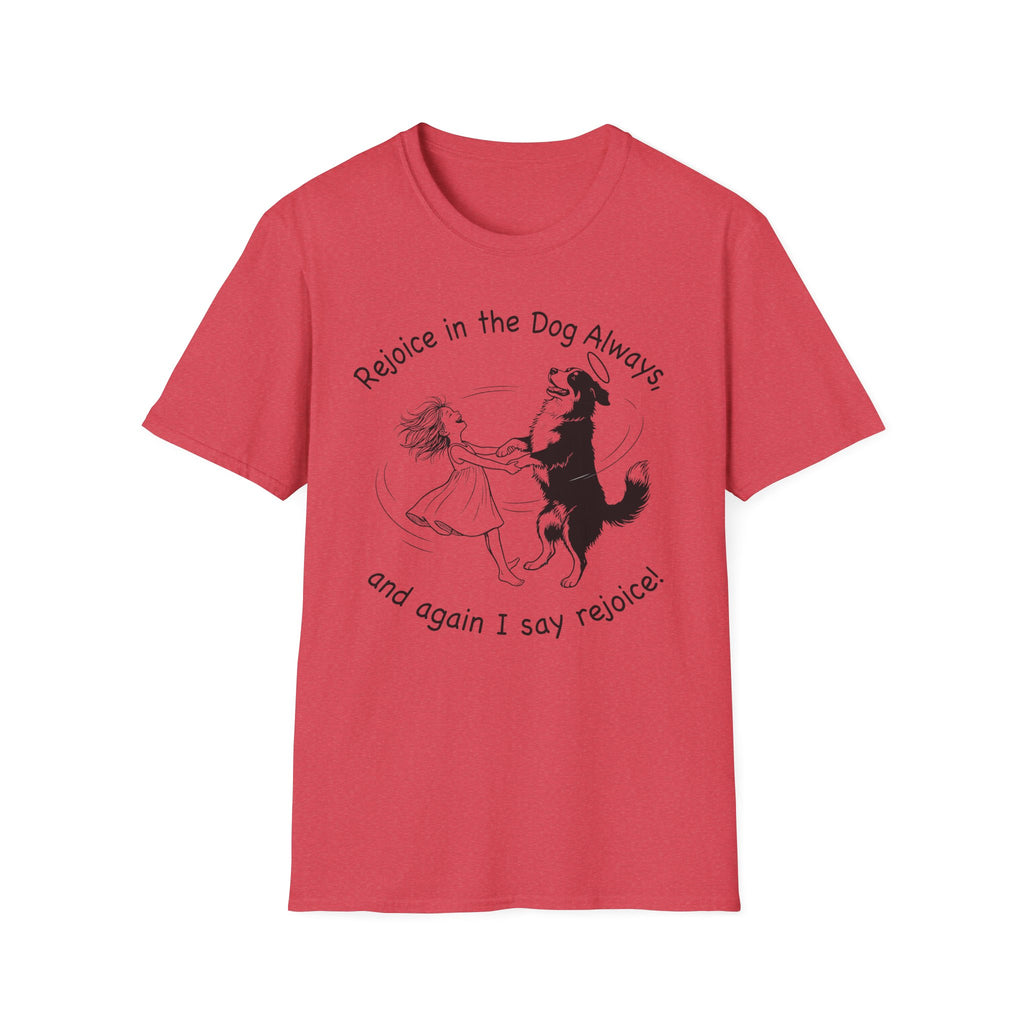 Rejoice in the Dog Lobo T-Shirt in heathered red, flat lay mockup showing a woman joyfully dancing with a rearing black-and-white Border Collie line-art illustration and the text 'Rejoice in the Dog Always, and again I say rejoice!'