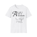 Ask and It Shall Be Fetched | Spaniel T-Shirt flat lay on white shirt featuring a Shel Silverstein-style pen-and-ink illustration of a Spaniel proudly trotting with a plump dove held with extraordinary gentleness in her mouth, a tiny olive branch in the dove's beak and the text 'Ask and it shall be fetched.'