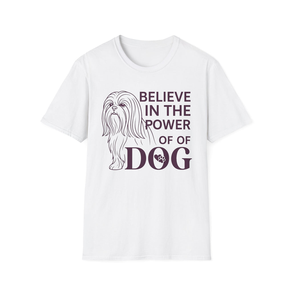 Believe in the Power of Dog Shih Tzu Line Art T-Shirt in white, flat lay, featuring a minimalist dark line art illustration of a Shih Tzu alongside bold text reading Believe in the Power of Dog with a paw print accent.