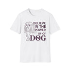 Believe in the Power of Dog Shih Tzu Line Art T-Shirt in white, flat lay, featuring a minimalist dark line art illustration of a Shih Tzu alongside bold text reading Believe in the Power of Dog with a paw print accent.