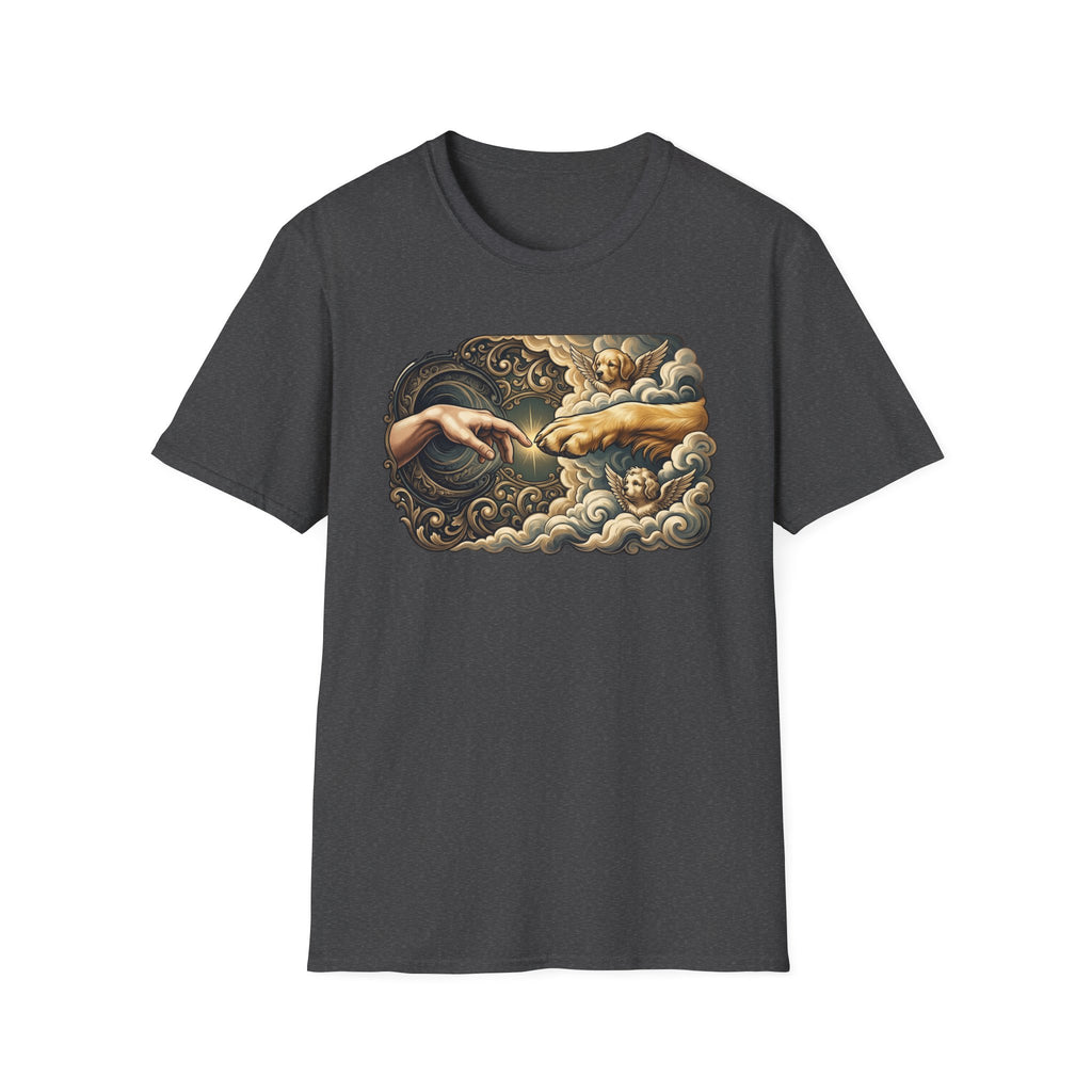 Creation of Adam T-Shirt flat lay in dark heather grey, featuring a dog-themed parody of the Michelangelo fresco with a human hand reaching toward a dog's paw, an angel golden retriever and cherub amid baroque golden clouds.