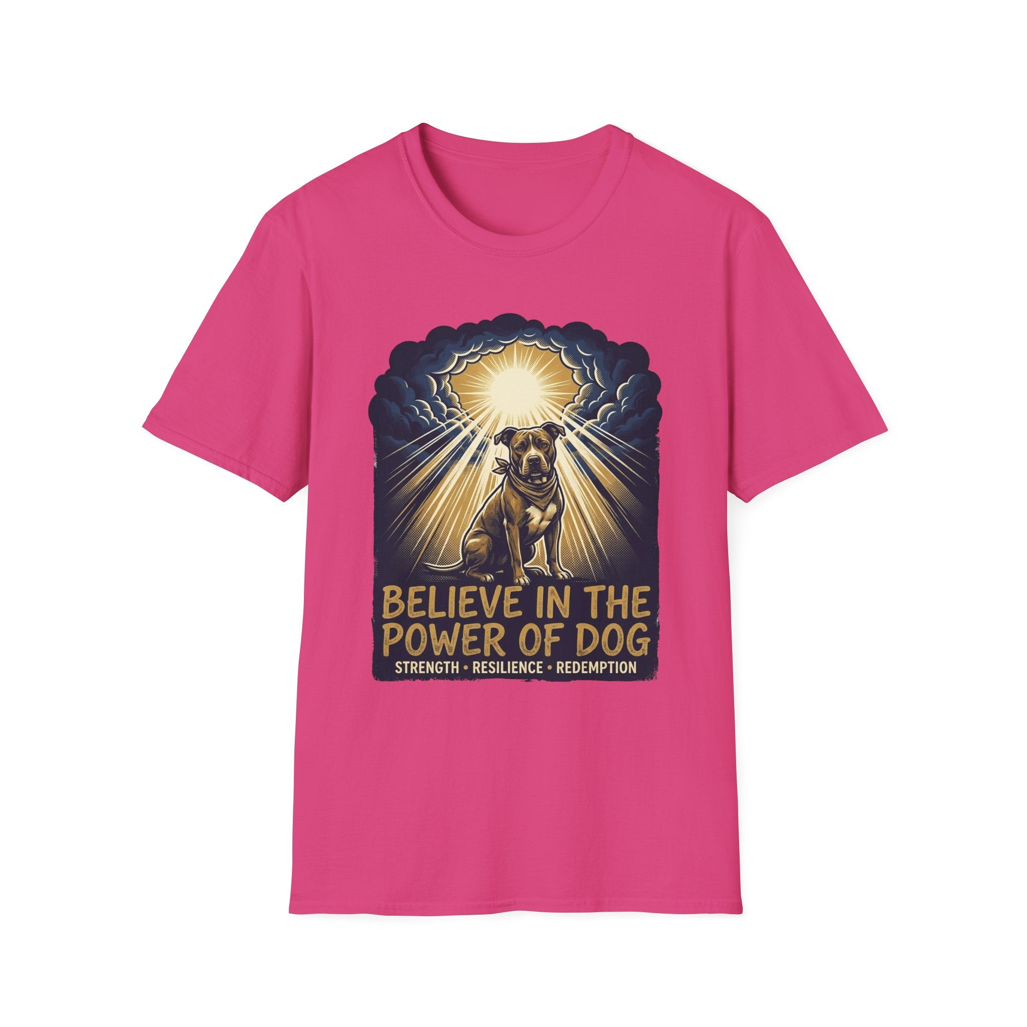 Believe in the Power Pitbull Clouds T-Shirt in hot pink, flat lay, featuring a dramatic illustrated graphic of a brindle Pitbull standing before a burst of heavenly light breaking through storm clouds, with text reading Believe in the Power of Dog and Strength, Resilience, Redemption.